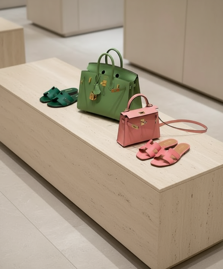 Display borse e sandali colorati