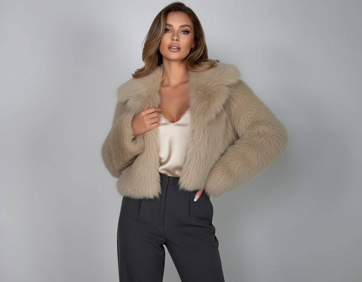 Modella con pelliccia corta beige - viso alternativo