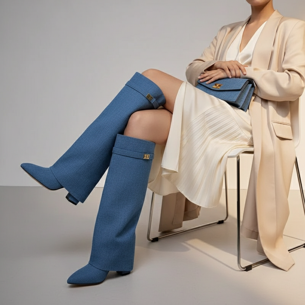 Ragazza seduta con stivali blu